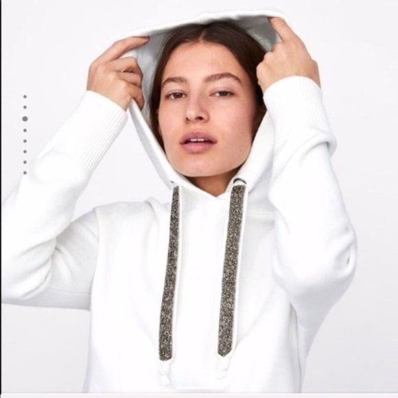 Zara Sweaters - Zara White Sparkly Stripes Cropped Hooded Sweatshirt Sweater